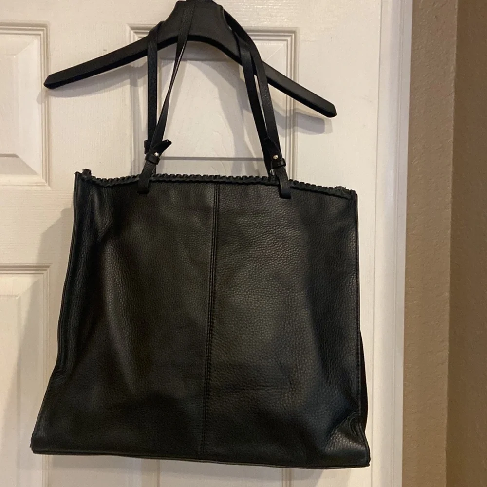 BLACK leather Vince Camino purse handbag woven design top and fringe accent